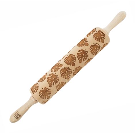 Rodillo de madera MoodForWood, grabado, 43 cm con asas, perfecto para hornear - Diseño Monstera (1/5)