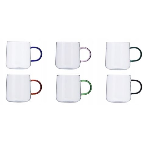 TAZAS DE VIDRIO RESISTENTES AL CALOR CON OREJAS DE COLORES 300 ml JUEGO DE 6