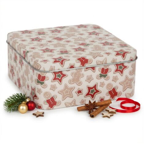 LATA DE GALLETAS DECO NAVIDE脩A 15X15X7 CM ESTAMPADO NAVIDE脩O BEIGE