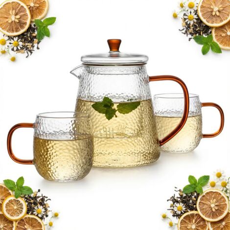 JARRA DE CRISTAL INFUSOR DE T脡 1L CON FILTRO 2 VASOS OREJA 脕MBAR