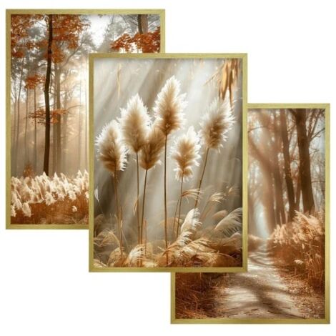 Bilder Poster Goldrahmen Triptychon im Rahmen Wanddeko Gräser Boho