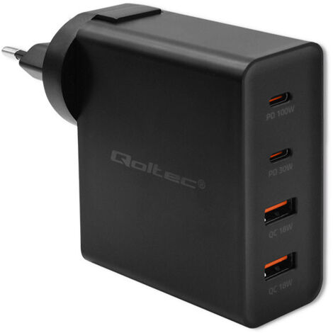 Qoltec GaN POWER PRO Ladegerät  2xUSB-C  2xUSB  130W  5-20V  1,5-5A  PD  Laptop  Smartphone  Schwarz