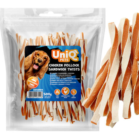 Hundeleckerli, Snack-Sandwich mit Huhn und Kabeljau UniQ Pets 500g (1/5)