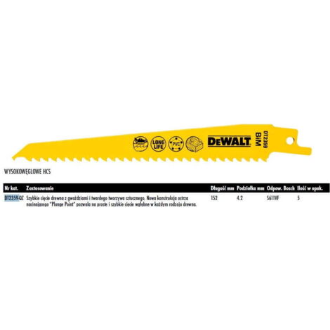DEWALT Säbelsägeblatt 152 x 4,2 mm S611VF HOLZ MIT NÄGELN, PVC / 5 Stk.