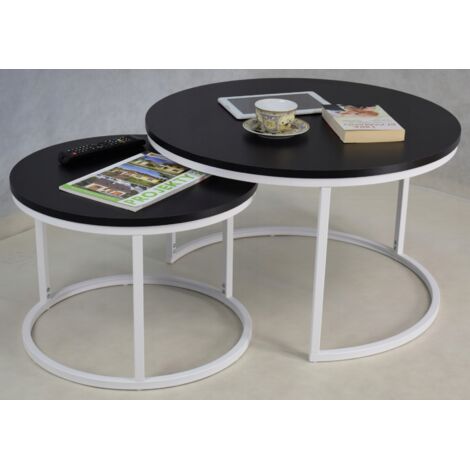 Set runder Couchtische aus 20x20 Profilen zusammengeschraubt, Mattweiß und Schwarz (1/5)