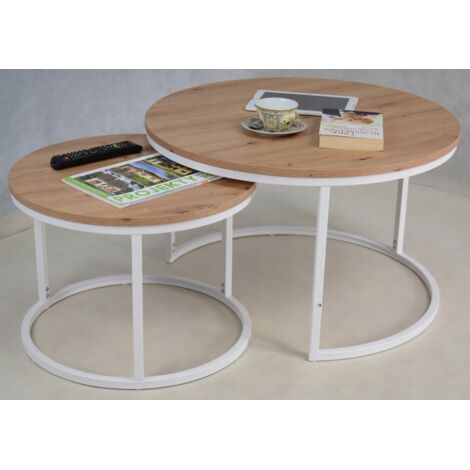 Satz runder Couchtische aus 20x20 Profilen geschraubt, Mattweiß, Artisan Eiche (1/5)