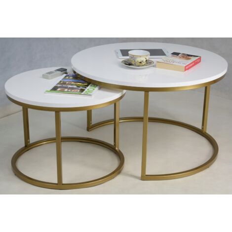 Set runder Couchtische aus 20x20 Profilen zusammengeschraubt, Goldweiß Glanz (1/5)