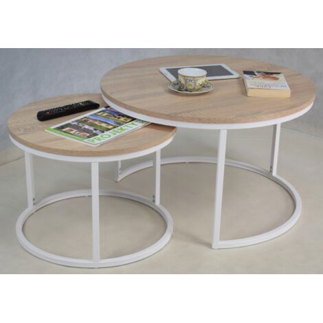 Set runder Couchtische geschraubt aus 20x20 Profilen Mattweiß Sonoma Eiche (1/5)