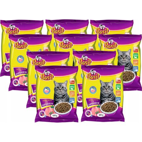 Basilikum Trockenfutter 400g mit Geflügel für Katzen 10 Stk.