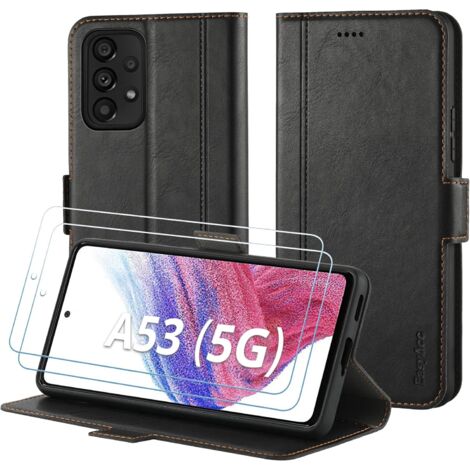 LEDERHÜLLE MIT KLAPPE FÜR SAMSUNG GALAXY A53 SCHWARZ + 2x GEHÄRTETES GLAS (1/5)