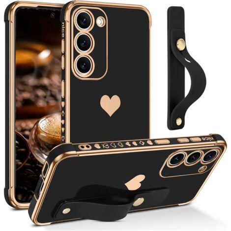 Hülle für Samsung Galaxy S23 5G, Silikon, Schwarz, Goldrahmen, Herzhalterung (1/5)