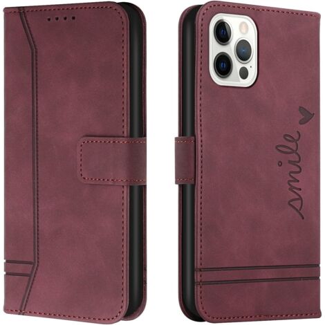 APPLE IPHONE 13 PRO MAX 6,7"" FLIP CASE AUS BURGUNDERROTEM PU-LEDER MIT AUFSCHRIFT (1/5)