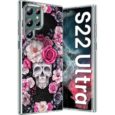Hülle für Samsung Galaxy S22 Ultra Schwarz Rosa Blumen Rosen Totenkopf Schutz (1/5)