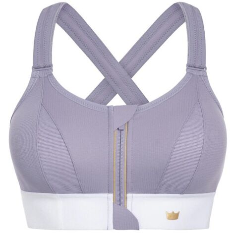 SHEFIT LILA UND WEISSER SPORT-BH, STARKER HALT, VERSTELLBAR, L