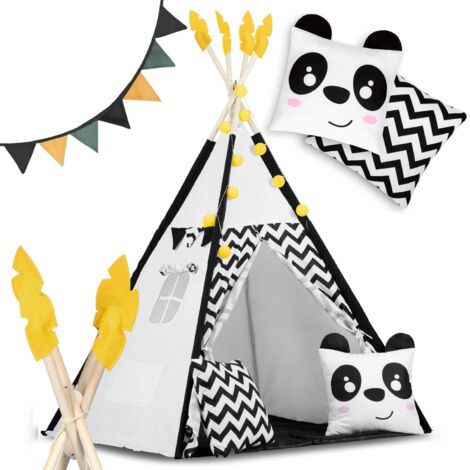 Tipi-Zelt für Kinder mit Girlande und Lichtern Nukido, schwarz und weiß mit einem Panda