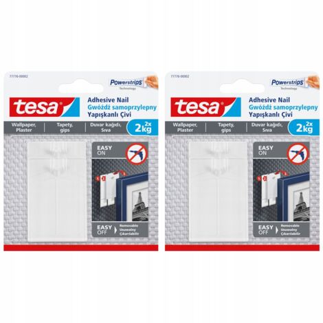 TESA Selbstklebende Nägel für Putz und Tapeten, weiß – Klebehaken, 2 kg, 2 Stück