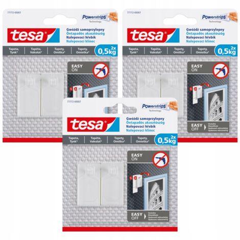 TESA Selbstklebende Nägel für Putz und Tapeten weiß, Klebehaken 0,5 kg x 3