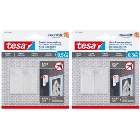 TESA Selbstklebende Nägel für Putz und Tapeten, weiß, Klebehaken, 0,5 kg x 2