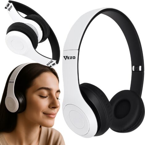 Vezo kabelloser On-Ear-Kopfhörer mit Bluetooth, MP3-Wiedergabe, faltbar, weiß