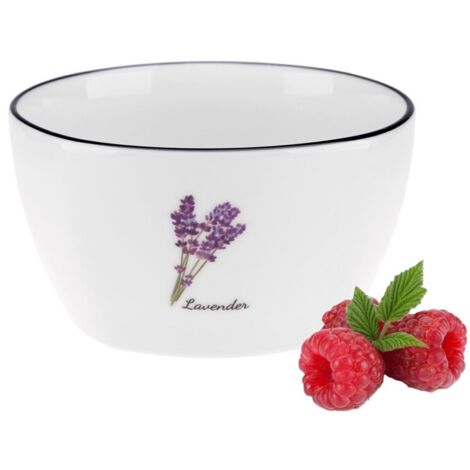 Salatschüssel aus Porzellan PROVENCE LAVENDER, 350 ml, milchig-weiß, mit farbenfrohem Lavendelblütenmuster, schwarzer Rand, New Bone Porzellan