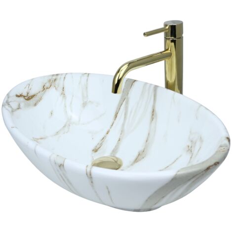 Lavabo sobre encimera GTM Design 53 cm - Lavabo moderno brillante sin orificio para grifería - Elegante lavabo sobre encimera ovalado para baños y aseos de cortesía - Solo lavabos de baño