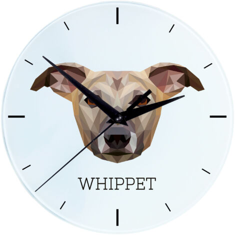 Whippet, Englischer Windhund - geometrische Wanduhr mit Foto und Aufschrift von Art-Dog