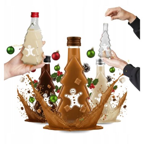5 x 250-ml-Flaschen mit Weihnachtsbaum-Motiv (Likör, Tinktur, Saft) – Weihnachtsflaschen (1/5)