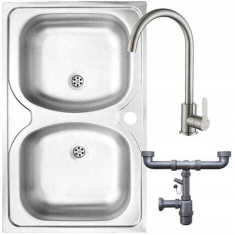 Doppelbecken-Stahlspüle 80x50 + Hahnloch + Siphon + Hahn