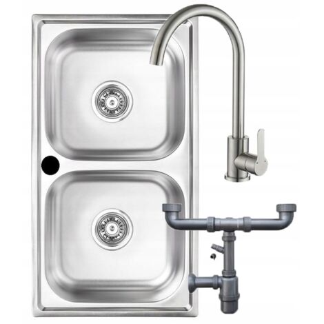 Doppelspülbecken 78x43 cm, Edelstahl, mit Armatur und Siphon