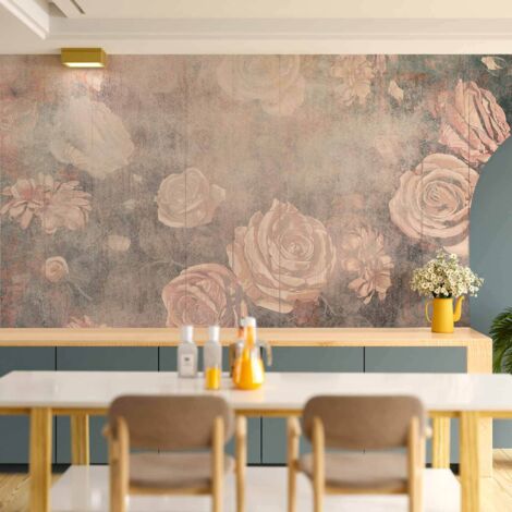 Fototapete – Neblige Natur – orangefarbene Blüten auf einem Hintergrund mit fleckiger Textur (1/5)