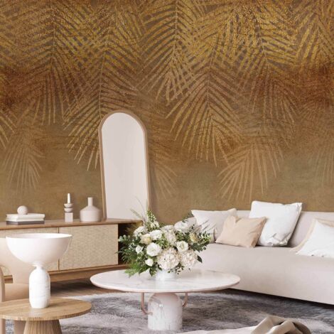 Papier peint - Nature abstraite en beige - composition avec des feuilles exotiques dorées (1/5)