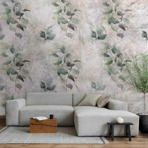 Papier peint - Statue de la nature - motif végétal à feuilles vertes avec motifs gris (1/5)