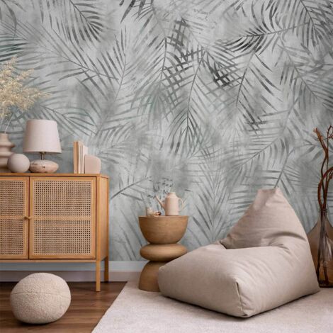 Papier peint - Paysage minimaliste - motif nature avec feuilles exotiques grises (1/5)