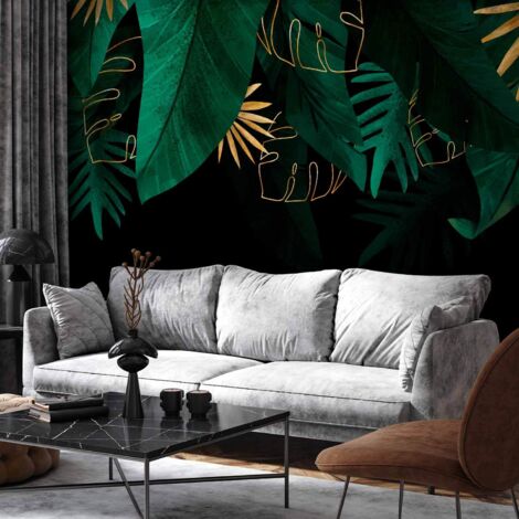Papier peint - Jungle et composition - motif de feuilles vertes et dorées sur fond noir (1/5)