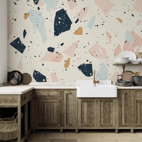 Fototapete – Terrazzo mit großformatigen Steinen in gedeckten Farben / Terrazzo mit schuppigen Steinen (1/4)