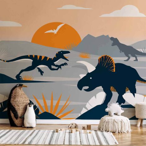 Fototapete – Die letzten Dinosaurier mit Orange – abstrakte Landschaft für das Zimmer (1/5)