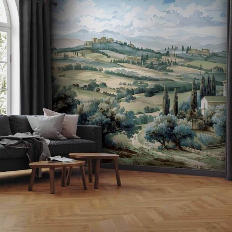 Fototapete – Landschaft mit grünen Feldern und Bäumen, sonniger toskanischer Blick / Landschaft mit sonnigen grünen Feldern (1/4)