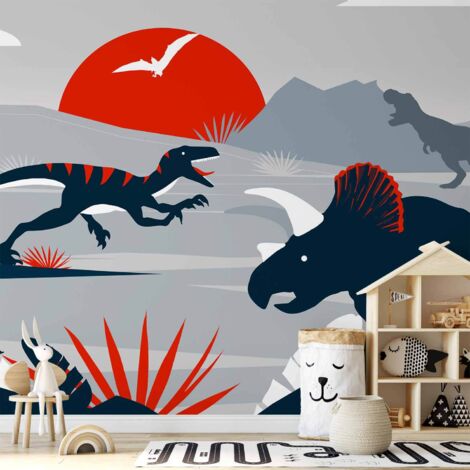 Fototapete – Die letzten Dinosaurier mit Rot – abstrakte Landschaft für das Zimmer (1/5)