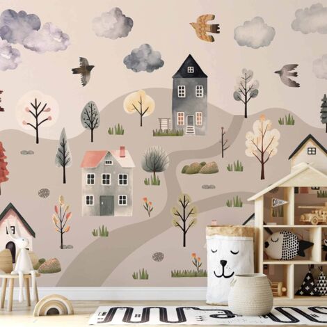Papier peint mural - Vallée scandinave - village aux couleurs pastel peint à l'aquarelle (1/5)
