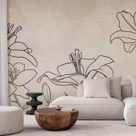 Fototapete – Naturskizze – minimalistische Linienzeichnung mit Lilienblüten auf beigem Hintergrund