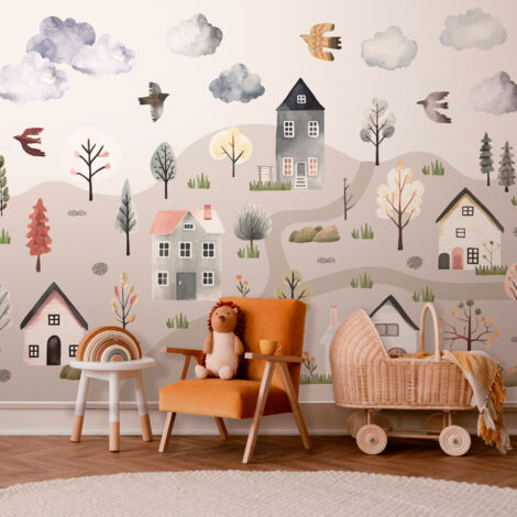 Papier peint mural - Vallée scandinave - village aux couleurs pastel peint à l'aquarelle (1/4)