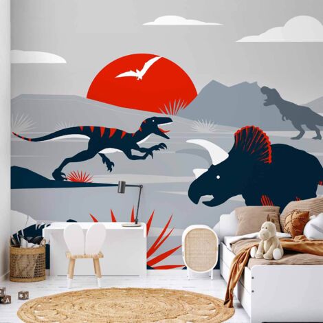 Fototapete – Die letzten Dinosaurier mit Rot – abstrakte Landschaft für das Zimmer (1/5)