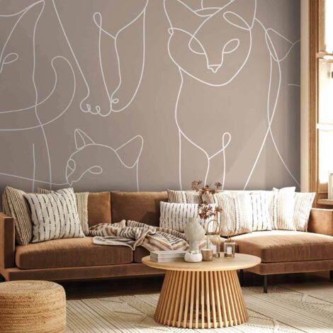 Papier peint - Cat Lineart - croquis minimalistes de chats blancs sur fond beige (1/5)