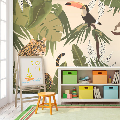 Papier peint - Feuilles et formes - jungle aux couleurs fanées avec des animaux (1/4)