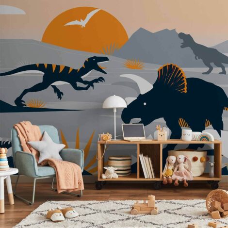 Fototapete – Die letzten Dinosaurier mit Orange – abstrakte Landschaft für das Zimmer (1/5)