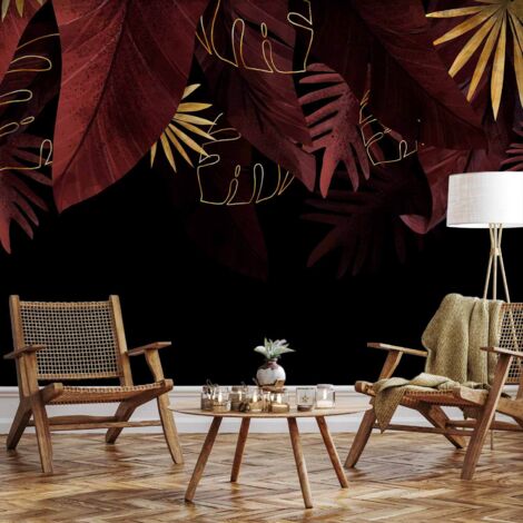 Papier peint - Jungle et composition - motif de feuilles rouges et dorées sur fond noir (1/5)