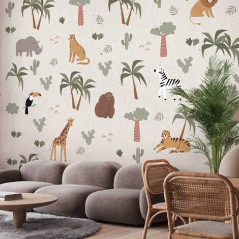 Papier peint mural - Composition africaine - animaux pour chambre d'enfant sur fond papier (1/5)