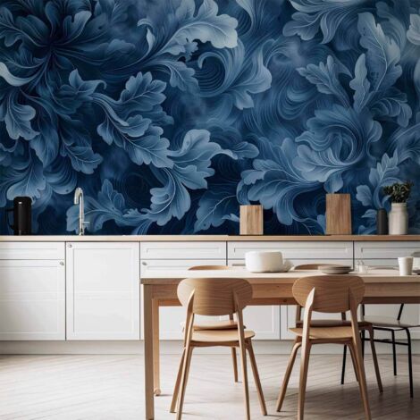 Fototapete – Abstrakte Ornamente, dunkelblaue viktorianische Blätter / Dichte, dunkelblaue abstrakte Ornamente (1/4)