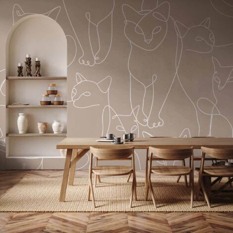 Fototapete – Katzen-Strichzeichnung – minimalistische Skizzen weißer Katzen auf beigem Hintergrund (1/5)