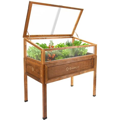 Mini-Gewächshaus mit Abdeckung für Balkon und Terrasse 110x55x120 cm Greenspot - Gewächshaus auf Holzplattform, Hochbeet aus Holz, Frühbeet mit Abdeckung auf hohen Beinen, Farbe Palisander